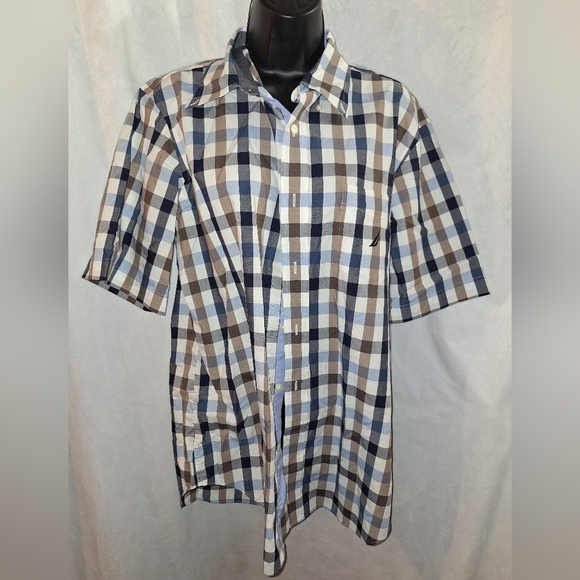 Nautica Blue and Brown Casual Button Down Shirt - Picture 1 of 5